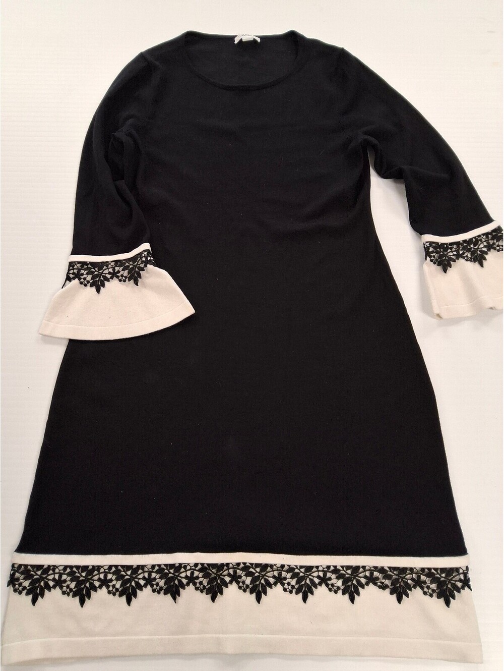 Calvin Klein Black Knit Dress with White and Black Lace Trim, Size M